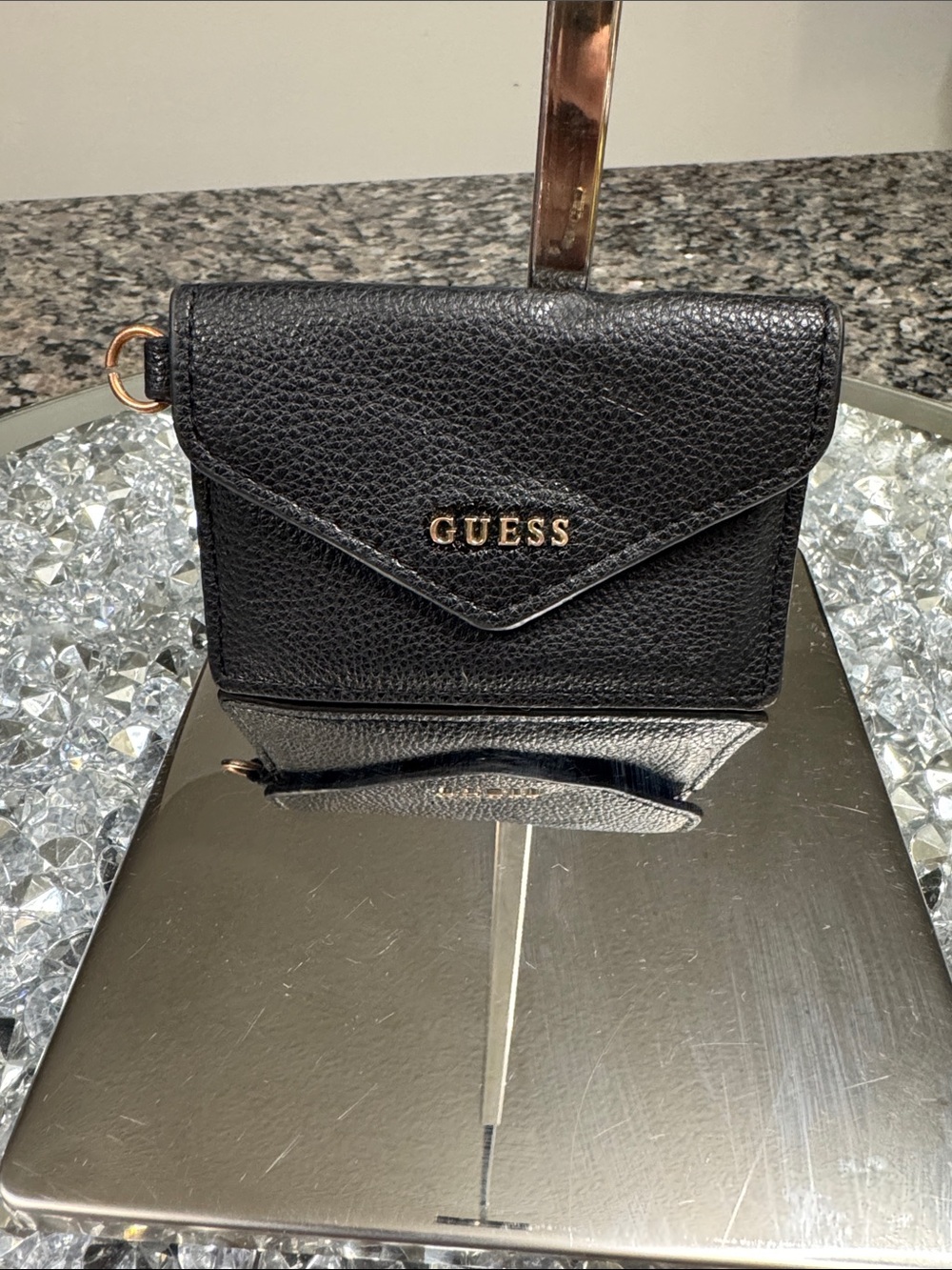 GUESS Black Pebbled Leather Envelope Crossbody Wallet with Gold Logo